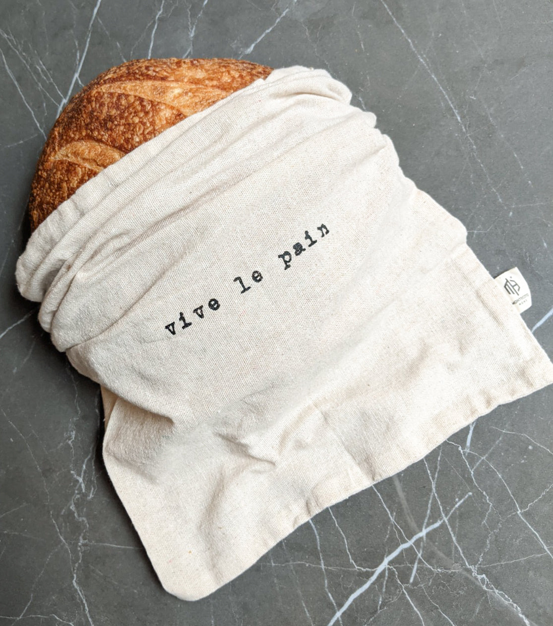 Artisan "Vive Le Pain" 100% Linen Bread Bag with Drawstring Reusable Farmhouse Bread Bag