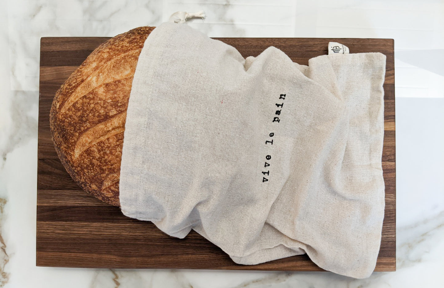 Artisan "Vive Le Pain" 100% Linen Bread Bag with Drawstring Reusable Farmhouse Bread Bag