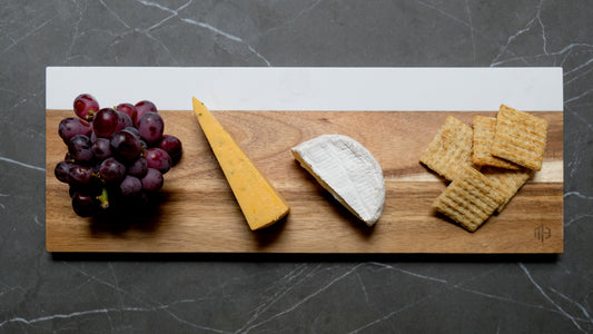 Modern Farmhouse Cheese Board - Acacia Wood with Black Slate or Faux Carrara Marble