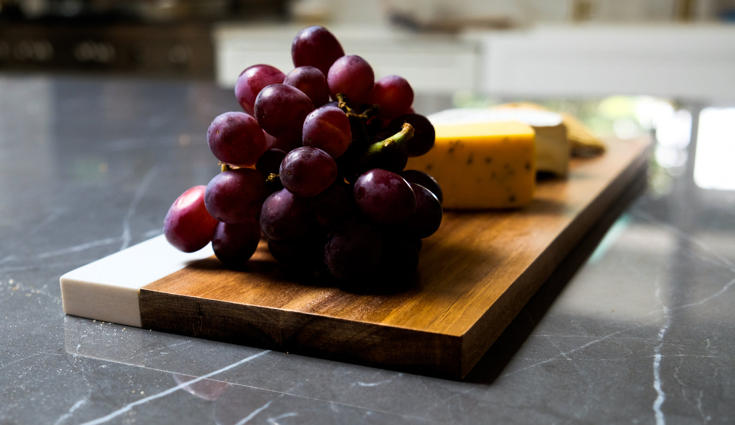 Modern Farmhouse Cheese Board - Acacia Wood with Black Slate or Faux Carrara Marble