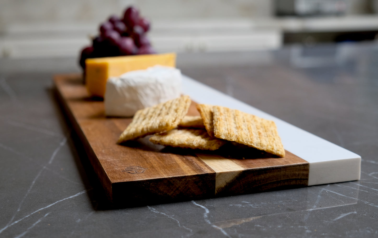 Modern Farmhouse Cheese Board - Acacia Wood with Black Slate or Faux Carrara Marble