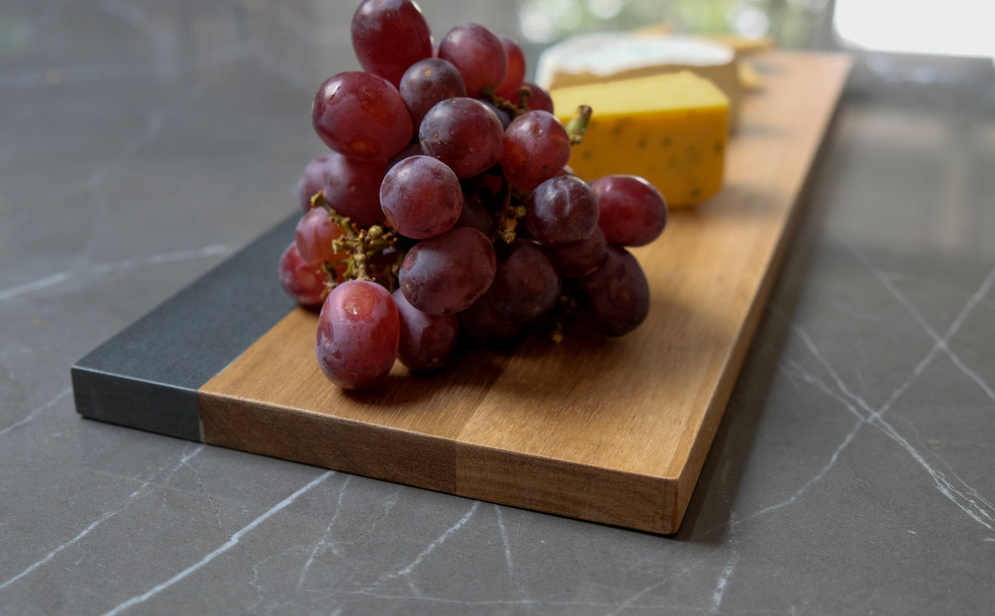 Modern Farmhouse Cheese Board - Acacia Wood with Black Slate or Faux Carrara Marble