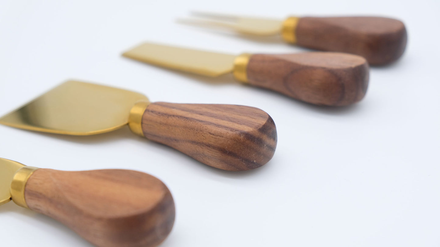 Black Walnut Handles with Gold Blade Cheese Knife Set of 4