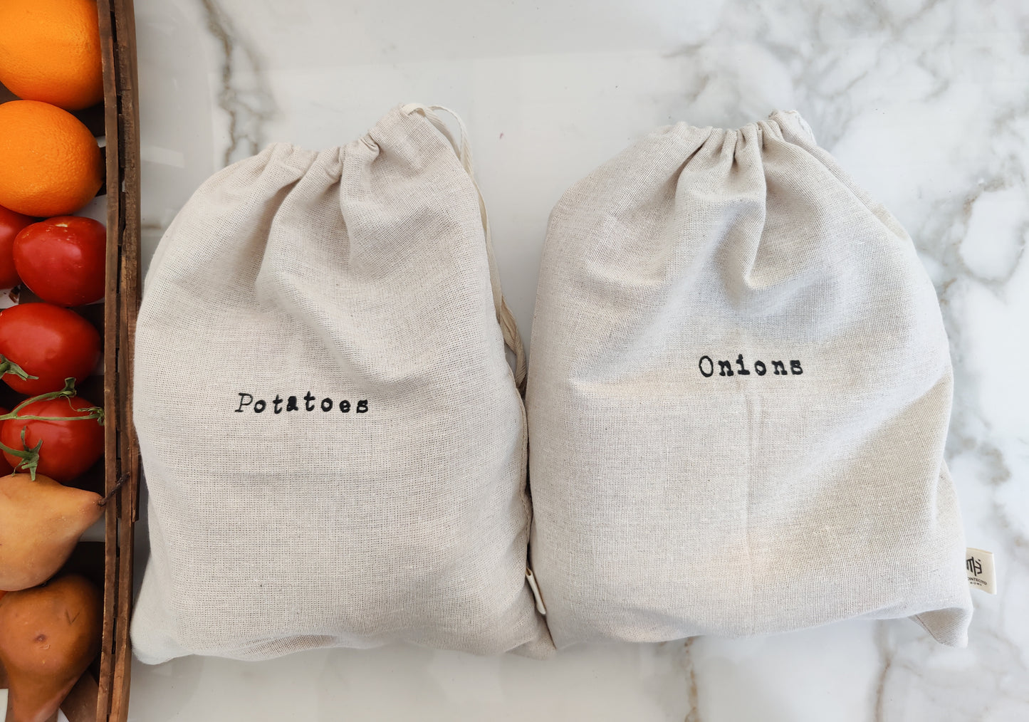 Linen "Potatoes" and "Onions" - 15"x12" Farmhouse Artisan Linen Bags - Natural & Sustainable - Stay Fresher, Longer