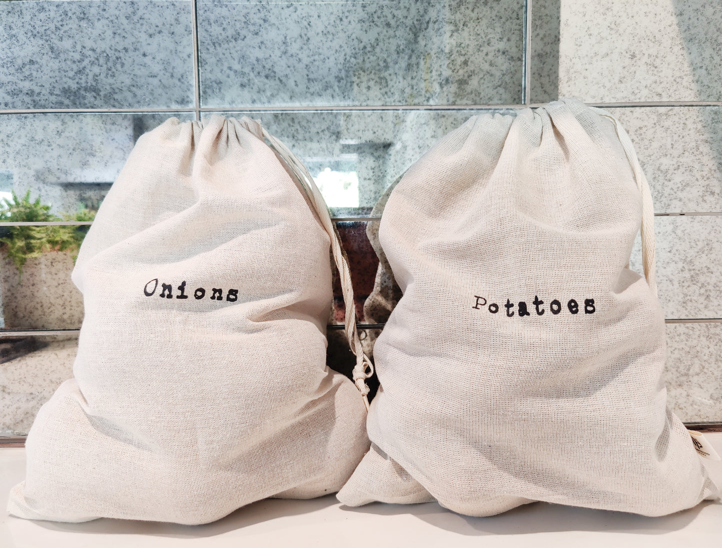 Linen "Potatoes" and "Onions" - 15"x12" Farmhouse Artisan Linen Bags - Natural & Sustainable - Stay Fresher, Longer