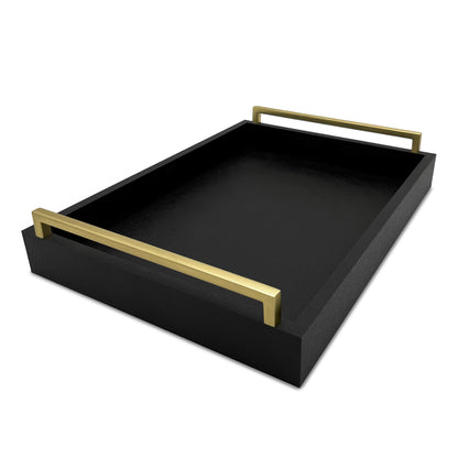 Faux Leather Modern Decorative Coffee Table Tray, Ottoman Tray with Extra Wide Champagne Gold Handles