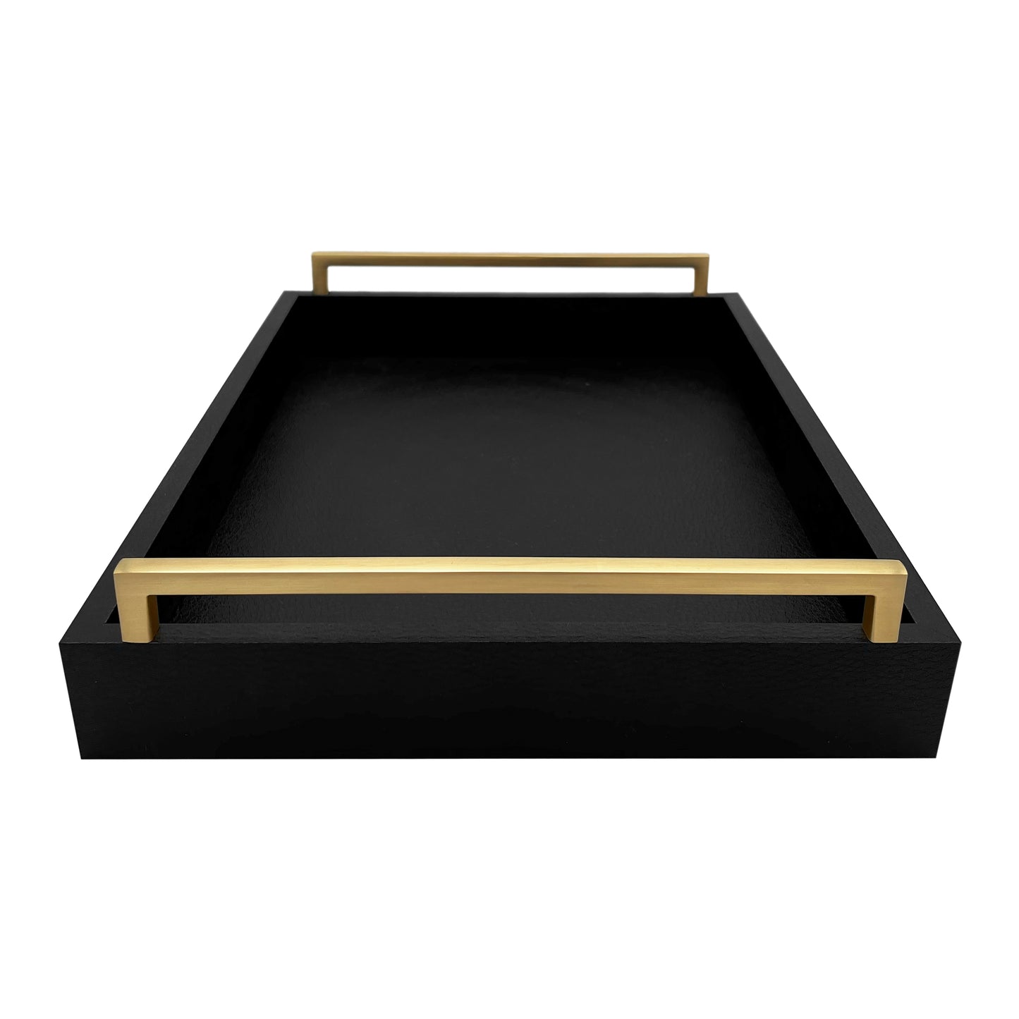 Faux Leather Modern Decorative Coffee Table Tray, Ottoman Tray with Extra Wide Champagne Gold Handles