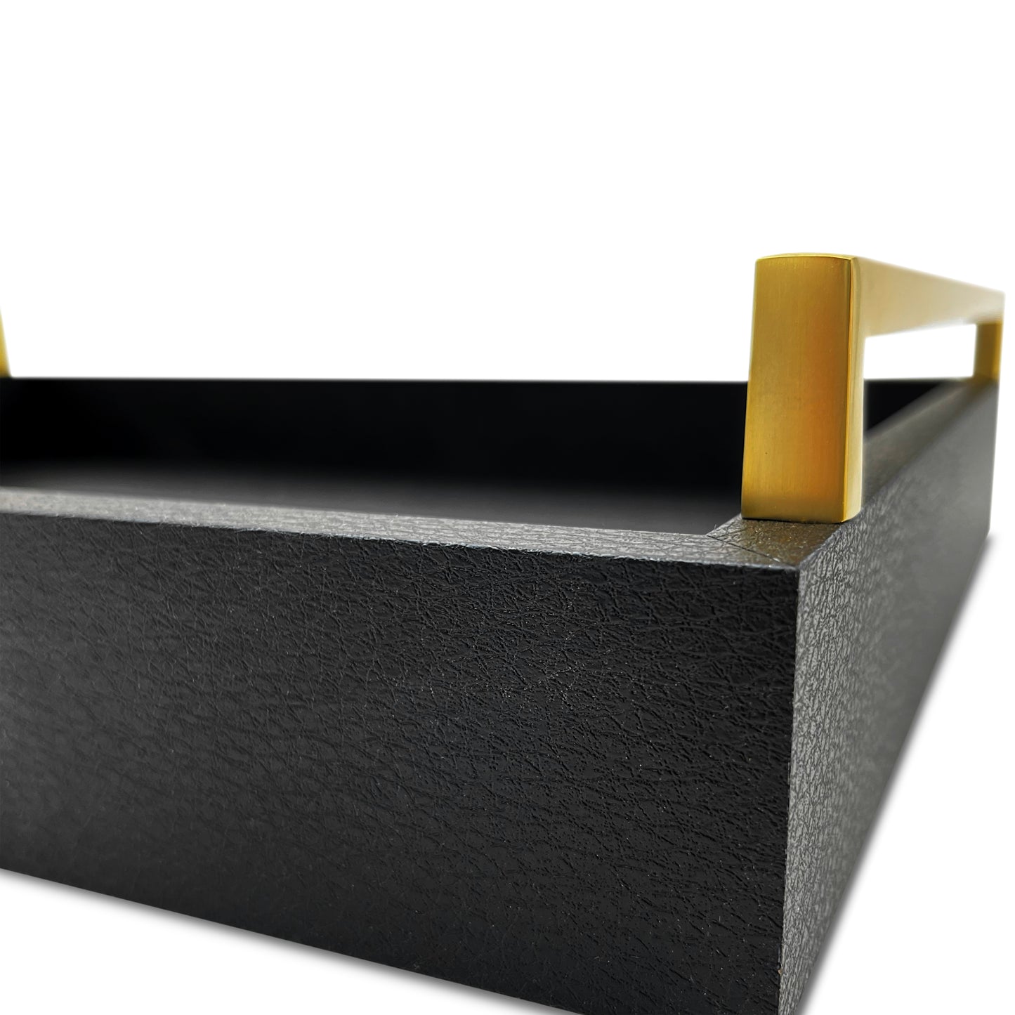 Faux Leather Modern Decorative Coffee Table Tray, Ottoman Tray with Extra Wide Champagne Gold Handles