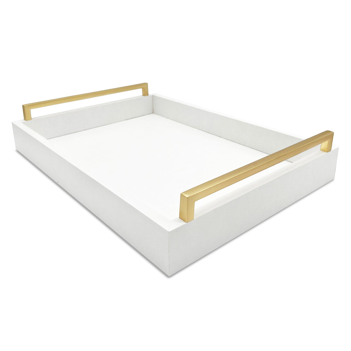 Faux Leather Modern Decorative Coffee Table Tray, Ottoman Tray with Extra Wide Champagne Gold Handles